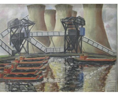 K H 89 - an Industrial scene with coal barges and funnel chimneys, oil on canvas, artist monogram and date to lower right cor