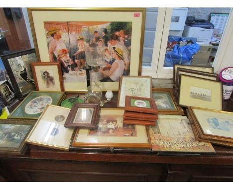 A mixed selection of framed and glazed prints to include one of Burnley football team 1913-14, along with a vintage coffee ma