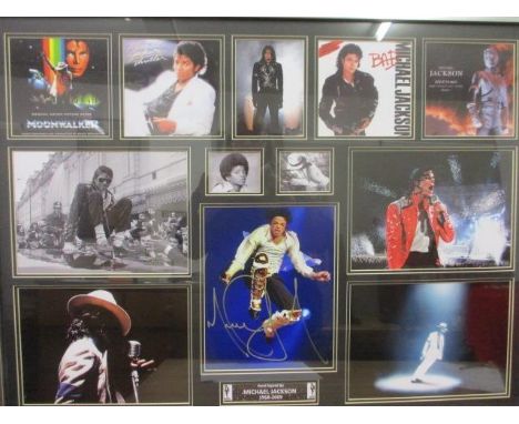 A mounted collection of Michael Jackson photographs, one central photograph hand signed by the artist, celebrating his music 