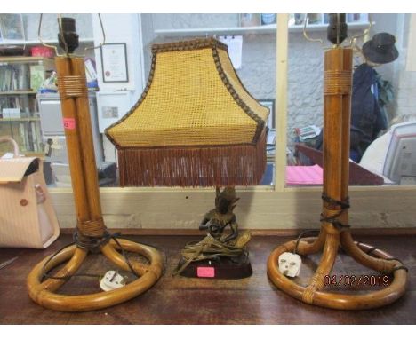 A late 20th century oriental inspired table lamp, together with a pair of bamboo table lamps 