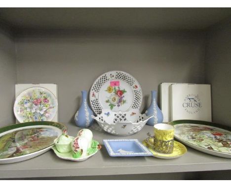 A pair of Weatherly Royal  Falcon hunting scene plates, a Wedgwood blue Jasperware dish and a pair of posy vases, a Carltonwa