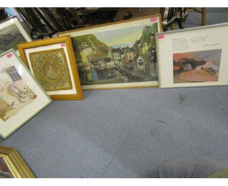 Pictures and prints to include Helen Rawlinson mixed media collage, signed, framed Tom Morton - Polperro from the studio, a s