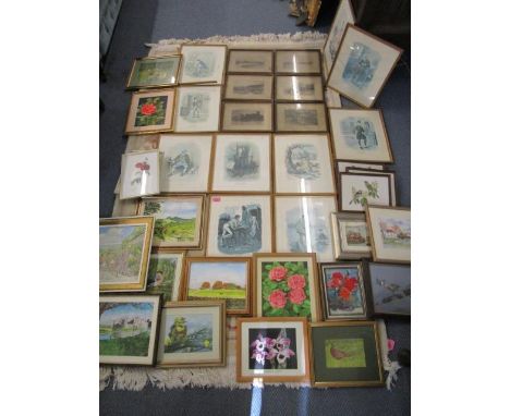 A large selection of paintings and prints to include Mrs M R Evans - Gold Hill, oil painting on board, signed and dated '76, 