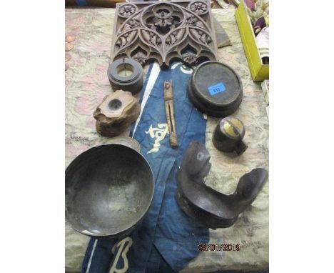 Mainly Oriental related artefacts to include stands, a carved figure, a reproduction chin guard, a bowl, a sash and other ite