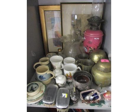 Mixed pottery, ceramics, metalware and glass to include a painted glass Victorian oil lamp 