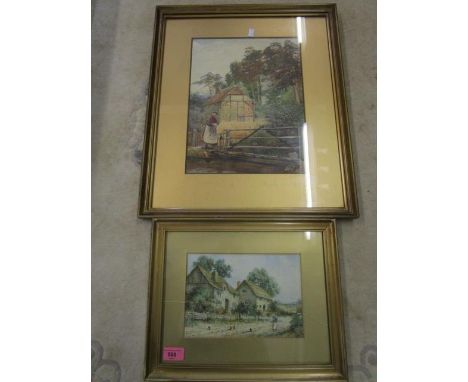 H T Likan - a figure standing by cottages, watercolour, signed lower left corner, 6" x 8 7/8", mounted in a glazed gilt frame
