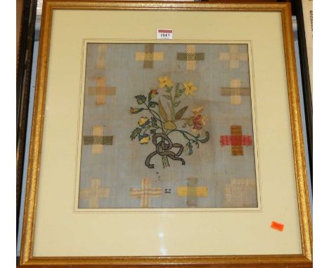 A George III cross-stitch needlework panel depicting bouquet of flowers, signed with monogram AS and dated 1804, 33 x 31.5cmS