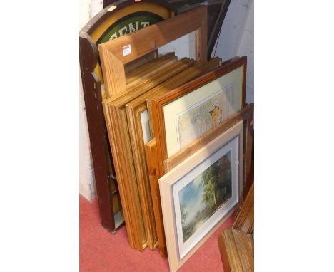 A collection of modern pictures, prints, and a pine framed wall mirror