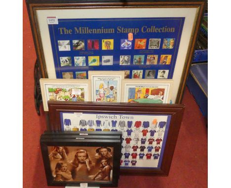A mixed collection of pictures and prints to include Millennium Stamp Collection, Ipswich Town prints, various postcards, and