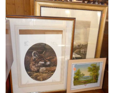 After W Gozzard - The road to the farm, lithograph, Mick Cawston - limited edition prints, and a modern river landscape, oil 