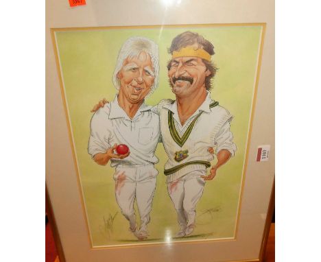 A satirical sporting print signed by the Cricketers Thomson and Lillee, 41x29cm, together with a roll of unframed satirical p