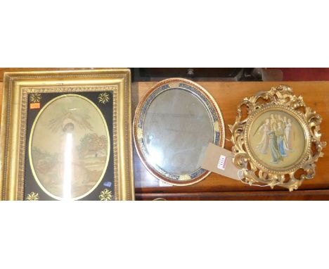 A Victorian silkwork panel depicting harvest girl framed as an oval, 24x17cm, together with a Florentine gilt wood and gesso 