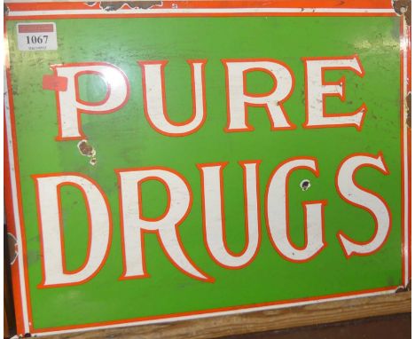 An enamel advertising sign 'Pure Drugs', 29x37.5cm