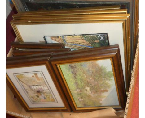 A box of assorted pictures and reproduction prints, still life oil on canvas etc 