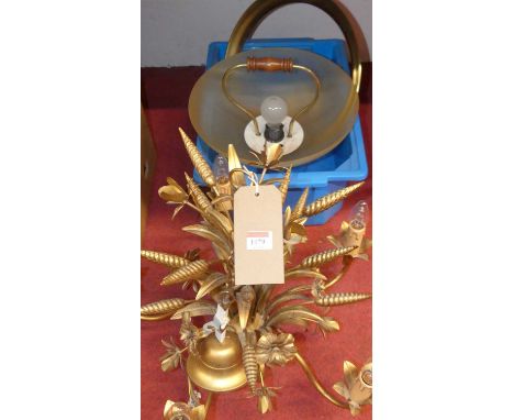 A reproduction gilt metal five light ceiling pendant together with one other ceiling light having glass shade, weighted for p