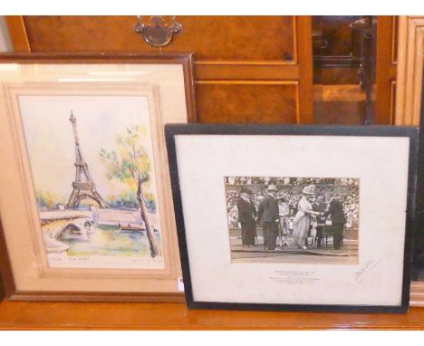 Assorted pictures and prints to include presentation photograph Wimbledon Mens Final 1926, topographical etchings etc