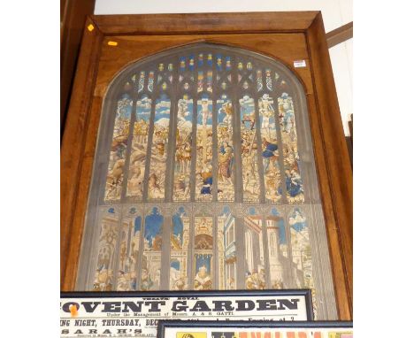 A Victorian colour engraving depicting the crucifixion and other biblical scenes through a cathedral window, 97x53cm, in arch