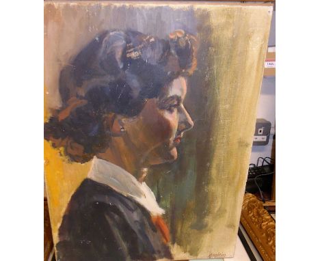 Hopkin (Modern British) - Profile portrait of a young woman, oil on canvas laid on board, signed lower right, 48 x 36cm