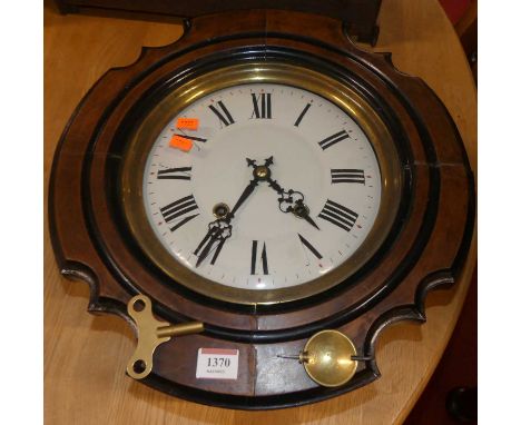 A French walnut and ebonised cased shaped wall clock, having white enamel dial, twin winding holes, with squat pendulum and k