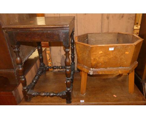 An antique joined oak low square side table, raised on turned and square cut supports, width 52cm, together with a burr wood 