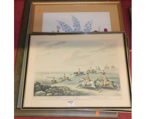 After Samuel Howitt - set of three sporting prints, framed silkwork, and one other print (5)