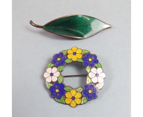 A floral enamel silver brooch by H D & S and a Norwegian silver brooch 