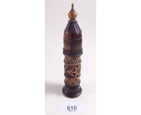 A Swiss treen needle and bobbin case carved Edelweiss 