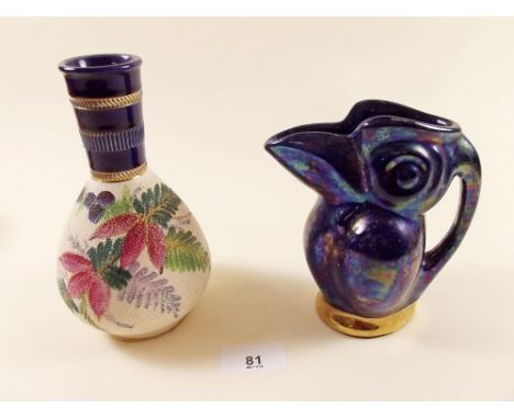 A lustre novelty bird jug and a Victorian vase 'Tapestry' 