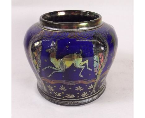 A Pilkington's Royal Lancastrian vase painted deer and trees, 'lustred shell and R mark'