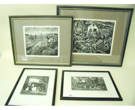Four woodcuts of hunting and rural scenes