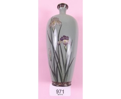 A Meiji period Japanese enamel vase decorated iris 14.5cm