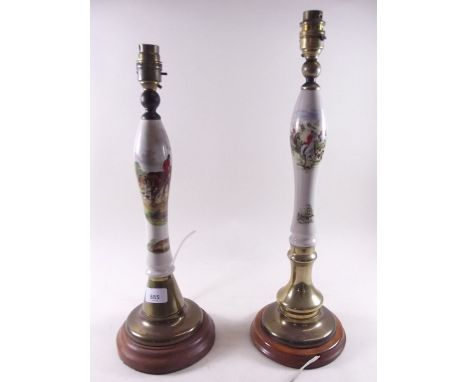 Two table lamps made from converted bar pulls printed hunting scenes