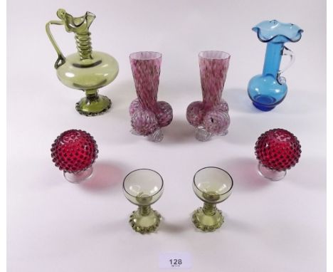 A pair of Victorian mottled pink glass vases, two ruby knobbled posy pots, green glass ewer etc.