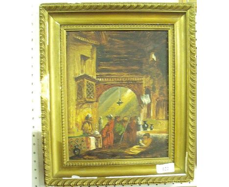 An oil sketch figures in a North African courtyard, 27 x 21cm