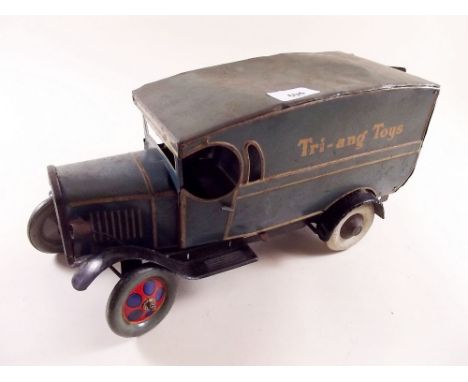 A Tri-ang Toys blue tinplate clockwork large van, 32cm with electric lighting 