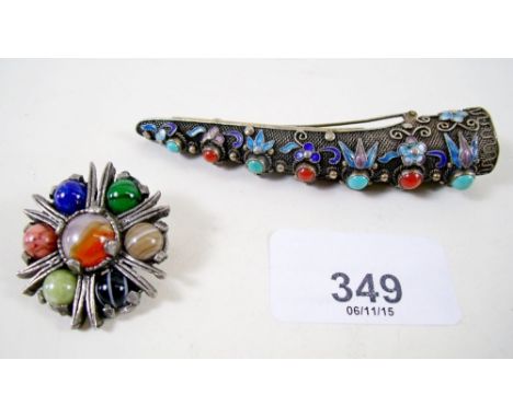 A Chinese gilt metal filigree and enamel nail guard brooch 