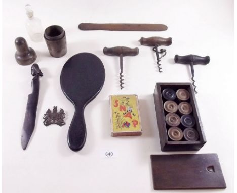 Various treen and collectables including corkscrews, draughts and playing cards etc.