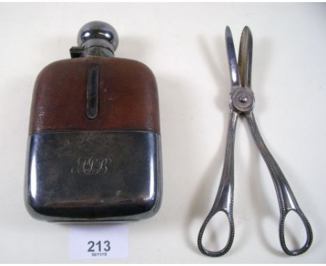 A silver plated and leather clad hip flask and a pair of grape scissors 