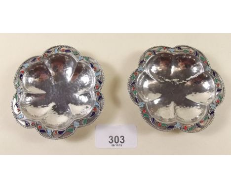 Two Eastern silver and enamel frilled edge pin dishes - marked 950, 49g