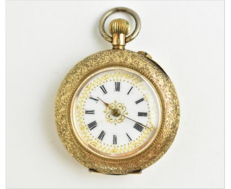 A late 19th/early 20th century ladies manual wind 14k cased fob pocket watch, having a white enamel decorated dial with Roman