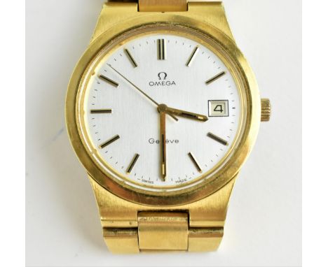 A gents circa 1978 gold plated manual wind Omega Geneva wristwatch having a silvered dial with baton hour markers, central se