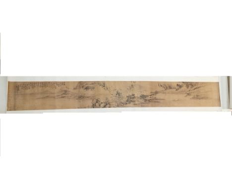 A Chinese Qing dynasty painted scroll, silk laid on paper, depicting a continuous river landscape, with calligraphy and parti