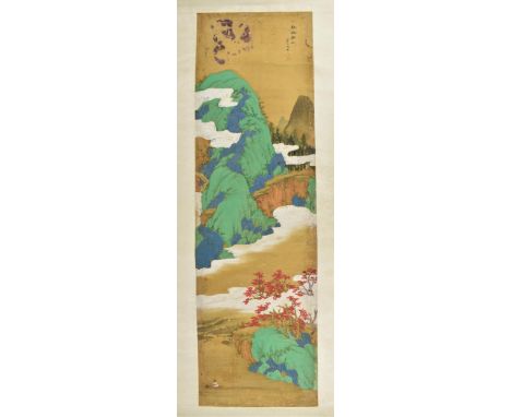 A Chinese hanging scroll, in the Qiu Ying style, ink, paint and gilding, depicting a green landscape painted on silk, laid on