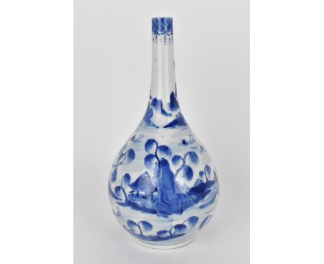 A Chinese late Qing dynasty blue and white porcelain bottle vase, late 19th/early 20th century, decorated with a river landsc