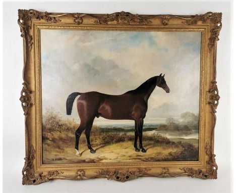 William Barraud (1810-1850) Britishequestrian portrait of a bay hunter by a lake, signed and dated '1845', oil on canvas, in 