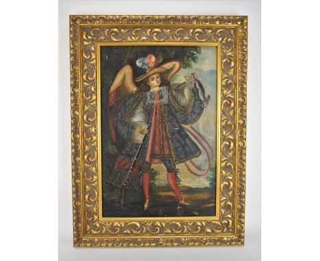 Cuzco School, 18th centuryfull length portrait of an archangel with arquebuse 'angel arcabucero', triumphantly holding a rabb