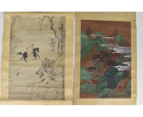 A Chinese hanging scroll painting, paper laid on silk, depicting an archer on horseback in naturalistic setting, with calligr