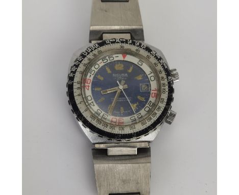 A vintage gents stainless steel manual wind Sicura 17-jewel wristwatch having rotating slide bezel and tachymeter bezel, Arab