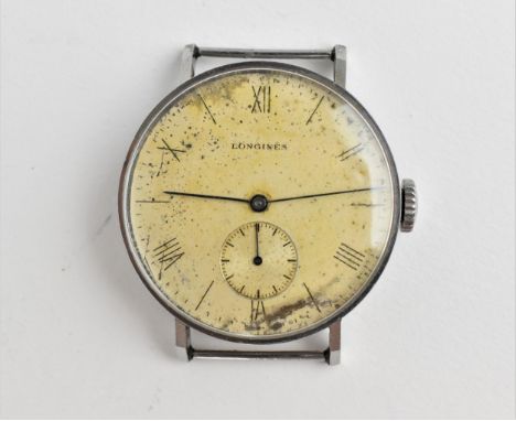 A vintage gents stainless steel manual wind wristwatch A/F, having Roman numerals and blued hands with seconds aperture above
