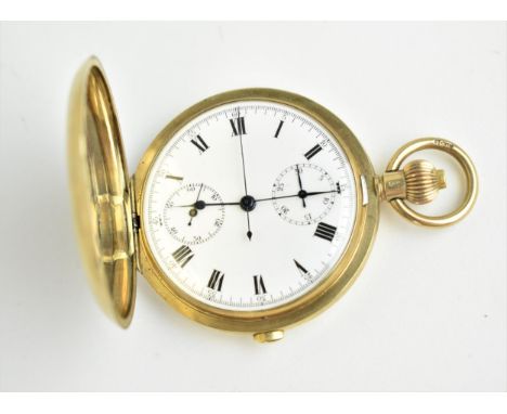 An early 20th century 9ct gold cased full-Hunter chronograph pocket watch, stopwatch having Roman numerals and blued hands, s